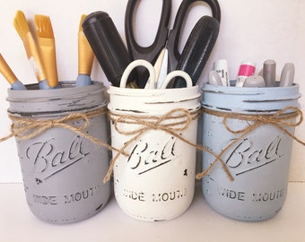 Painted Mason Jar. Vase. Distressed. Home Decor. Workshop Decor. Supply Holder.