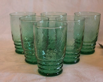 Set of 6 Libbey Glass Green Swirl Optic 9 oz Tumblers - Vintage Glassware