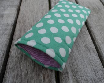 Glasses / Sunglasses case - cotton sleeve in green & white spots design