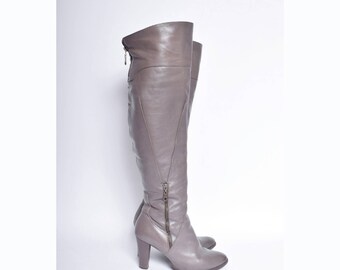 Vintage 90's Tall Gray Leather Boots with Side Zippers / Genuine Leather Over Knee Boots