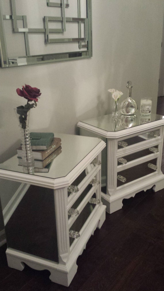 Items similar to Mirrored Nightstand Set White with Trim, Glamorous