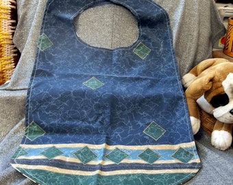 Senior Reversible Dining Bib, Southwestern Squares N Stripes Blue Print