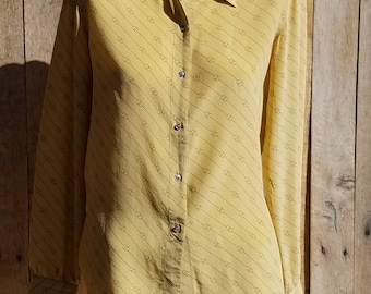 1970s Designer Iconic GG Pattern Gucci Shirt, G.Gucci Gold Silk Blouse, Golden Designer Buttondown Shirt, Made in Italy