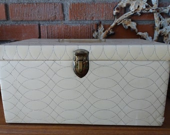 Vintage 50's Sewing Box with Notions Tray, Quilted Ivory Fabric Covering, Large Sewing Basket, Heavy Duty Storage, Mid Century Marvelous!