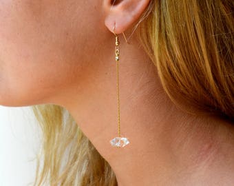 Herkimer Diamond Earrings, Simple Thin Earrings, Minimalist stone Earrings, Raw stone earrings, Raw crystal dangle Earring, April birthstone