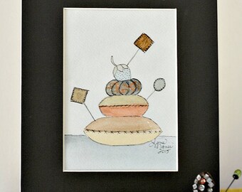 Antique Pincushions Original Watercolor by Lana Manis, Primitive, Folk Art, Sewing, Ready to Frame