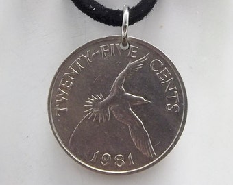 Bird Coin Necklace, Bermuda 25 Cents, Coin Pendant, Leather Cord, Men's Necklace, Women's Necklace, 1981
