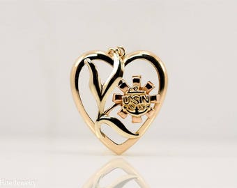 Vintage USN United States Navy Sweet Heart Gold Tone 10k Pendant Necklace Flower