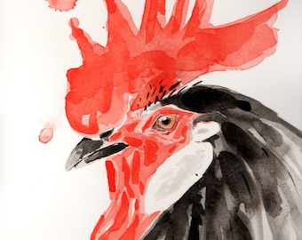 Black Rooster, Original watercolor