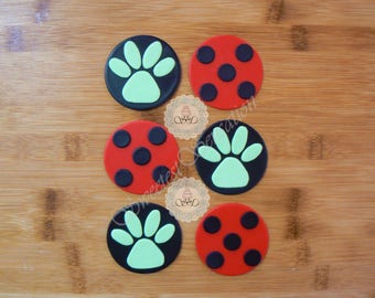 12 x Edible fondant Miraculous Ladybug and Cat Noir inspired cupcake toppers