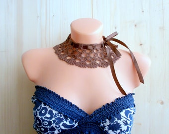 Dentelle marron crochet petite robe Collier Collier fait à la main de Peter Pan amovible accessoires Crochet collier mode été mariée de Bohême