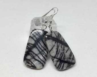 Picasso jasper earrings, jasper jewelry, jasper earrings, Picasso marble jewelry, black grey earrings, rectangle, black stone earrings