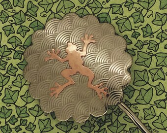 Shawl Pin / Hair Pin / Frog On Lily Pads / Handmade Copper On Nickel / Scarf Pin / Sweater Pin / Wrap Pin / Bun Holder / Hair Stick / Lg Sz