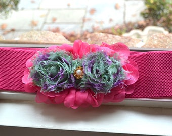 Hot Pink Flower cinch belt, Wide elastic stretch corset belt, elastic belt, dressy belt, wedding belt, Hollywood, flower belt, Pink belt