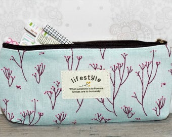 Stationery Blue Flower Pencil or Pen case. Cloth pencil holder. 7x4". School supplies.