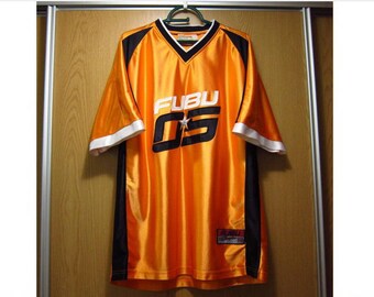 FUBU jersey, orange vintage hip hop t-shirt of 90s hip-hop clothing, 1990s hip hop shirt, OG, Platinum Fubu, gangsta rap, size L Large