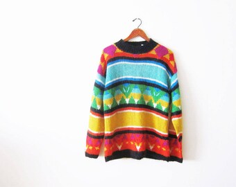 90s sweater - rainbow sweater - mohair crewneck sweater - baggy oversized knit pullover - colorful 1990s striped sweater - geometric