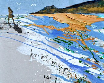 Large wall ART print of painting woman walking on beach with gulls - "Free Spirit" by fine artist Melanie McDonald - WALL ART print