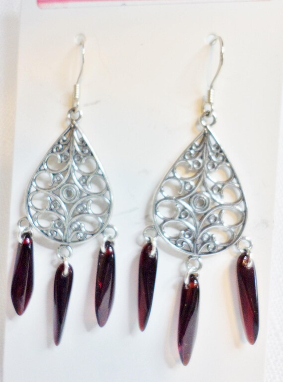 Filigree Teardrop Chandelier Earrings W Garnet Dagger Beads