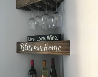 Rustic wood wine rack, Wine rack, corner wine rack, floating wine rack, wall wine rack, corner shelf, kitchen wine rack, wood wine rack,