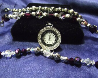 Woman's Celsior Watch with 3 Beaded Bands (Purple & Silver) B091