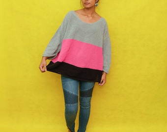 Oversized Pink Grey Black Striped Pullover Sweater
