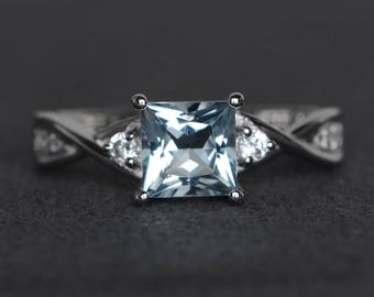 princess cut aquamarine engagement ring sterling silver ring March birthstone ring