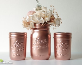 Rose Gold Decor / Copper mason jar / Painted Mason Jars Home Decor Wedding Decor Vase Centerpiece / Editor's Pick
