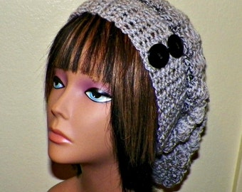 Gray Black Slouchy Hat Crochet Womens Tam Beret Boho Chunky Beanie Rasta With Light Dark Stripes