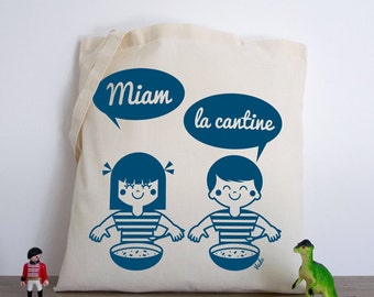 Miam la cantine ! (tote bag coton bio illustration rétro vintage bleu fille garçon vudo ateliervudo sérigraphie)