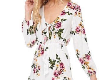 V-neckline Short Play suit romper floral print with front tie