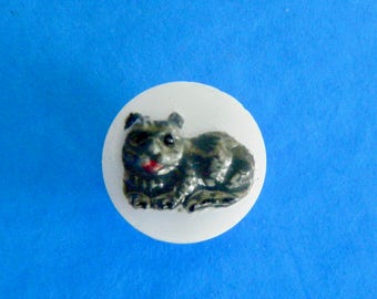 Vintage White Glass Button Raised Hand Painted Gray Cat or Possibly a Dog 1/2"