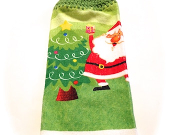 Santa And Christmas Tree Hand Towel With Grass Green Crocheted Top