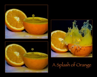 Food photography, orange, splash, poster