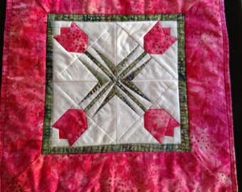 Quilted Spring Pink Tulips Table Topper