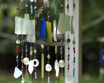 Bohemian sea glass sun catcher wind chime star gypsy upcyle driftwood