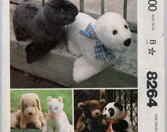 Set of Stuffed Animals Sewing Pattern: Bear, Panda, Seal, Dog, Cat Sewing Pattern - McCall's 8264 - UNCUT