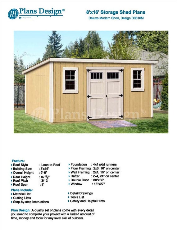 8' x 16' Garden Storage Modern Roof Style Shed Plans