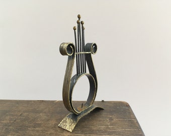 Vintage harp candle holder Harp figurine Metal harp Copper harp Vintage music instrument figurine