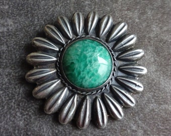 Mexico RAG Signed Brooch, Semi Precious Stone Jade, Sun Pin 1940's, Signed, Collector Piece