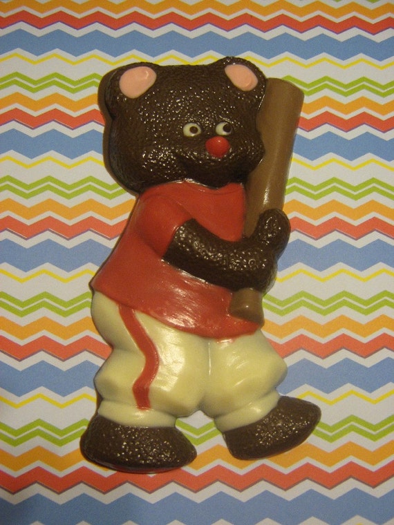 Solid chocolate teddy bear baseball player candy or cake topper