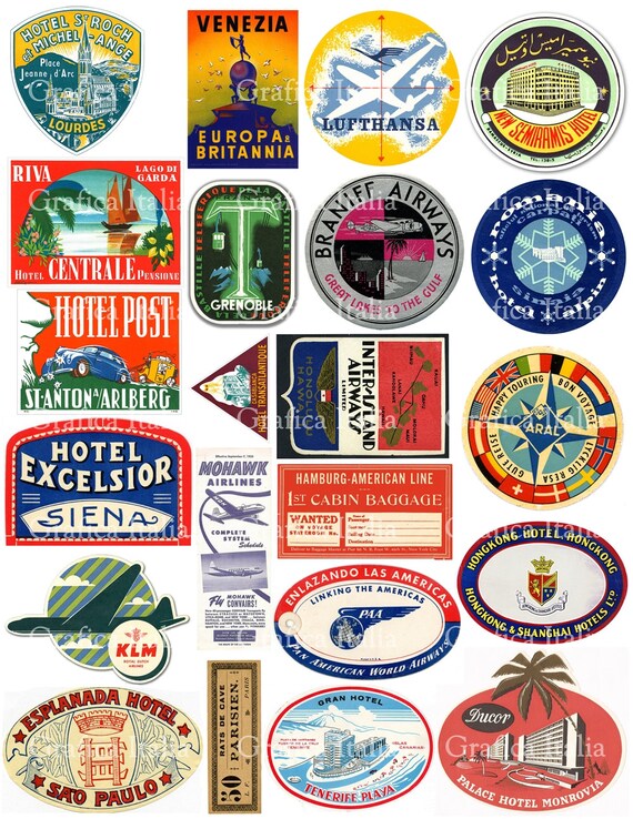 22 travel luggage labels retro digital printable collage