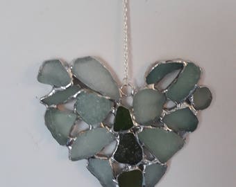 Small sea glass heart suncatcher, stained glass