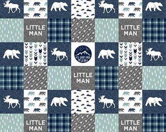 Crib Bedding Baby Boy, Rustic Minky Baby Blanket, Woodland Baby Quilt, Baby Boy Quilt, Gray Grey Blue Navy Little Man Moose Bear Plaid