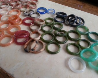 Vintage Hand Made Hand Carved Agate Adventurine Dyed Jade Marble Natural Stone Rings Multiple Sizes Larger Sizes Green Red Orange Gray