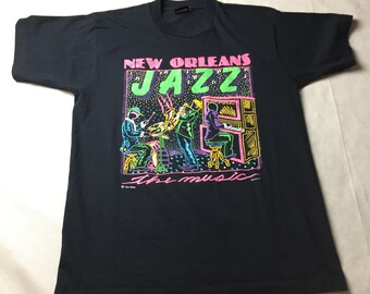 VTG 80's New Orleans Jazz Louisiana State T-Shirt Screen Stars Rainbow Neon Sz L
