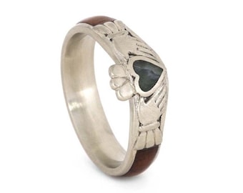 Wood Engagement Ring in 10k White Gold, Jade Heart Wedding Ring, Claddagh Ring With Honduran Rosewood