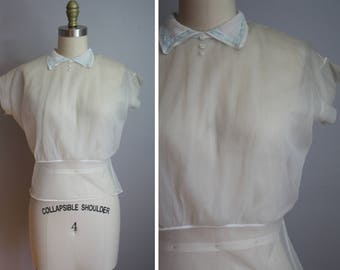 1950s Sheer Ice Blue Nylon Blouse // Medium