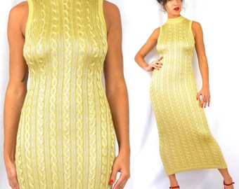 Vintage 90s Contempo Casuals Golden Wheat Slinky Cableknit Tube Sweater Maxi Dress (size small, medium)