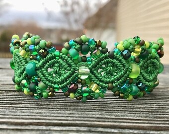 SALE Micro-Macrame Beaded Cuff Bracelet - Green Mix